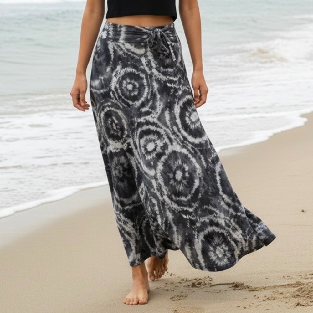 Grey Tie Dye O-Ring Maxi Skirt Size M Y2K Boho Hippie Summer 90's Stretch Classy